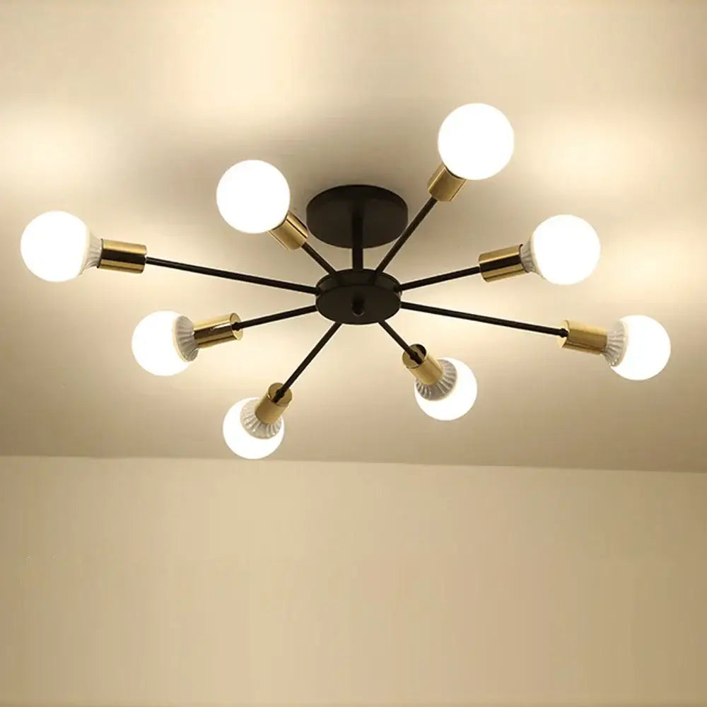 Modern black and brass industrial rod iron ceiling lamp with eight spherical bulbs for living room decorbites industrial rod