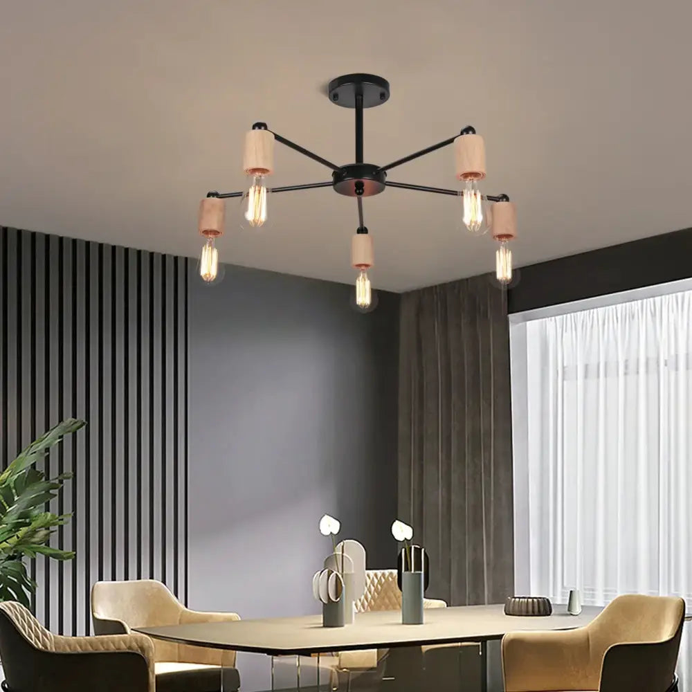 Black metal industrial rod iron ceiling lamp with five exposed Edison bulbs and beige cylindrical lampshades for living room decor