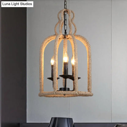 Industrial Rope Bird Cage Pendant Lamp - Beige, 3 Heads Chandelier Light for Coffee Shop Ceiling