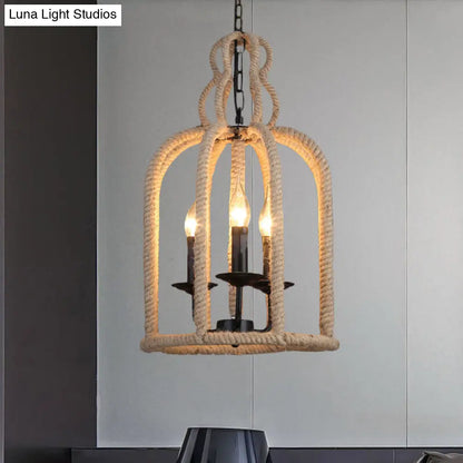 Industrial Rope Bird Cage Pendant Lamp - Beige, 3 Heads Chandelier Light for Coffee Shop Ceiling