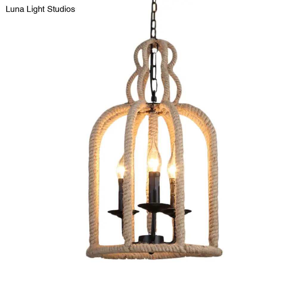 Industrial Rope Bird Cage Pendant Lamp - Beige, 3 Heads Chandelier Light for Coffee Shop Ceiling