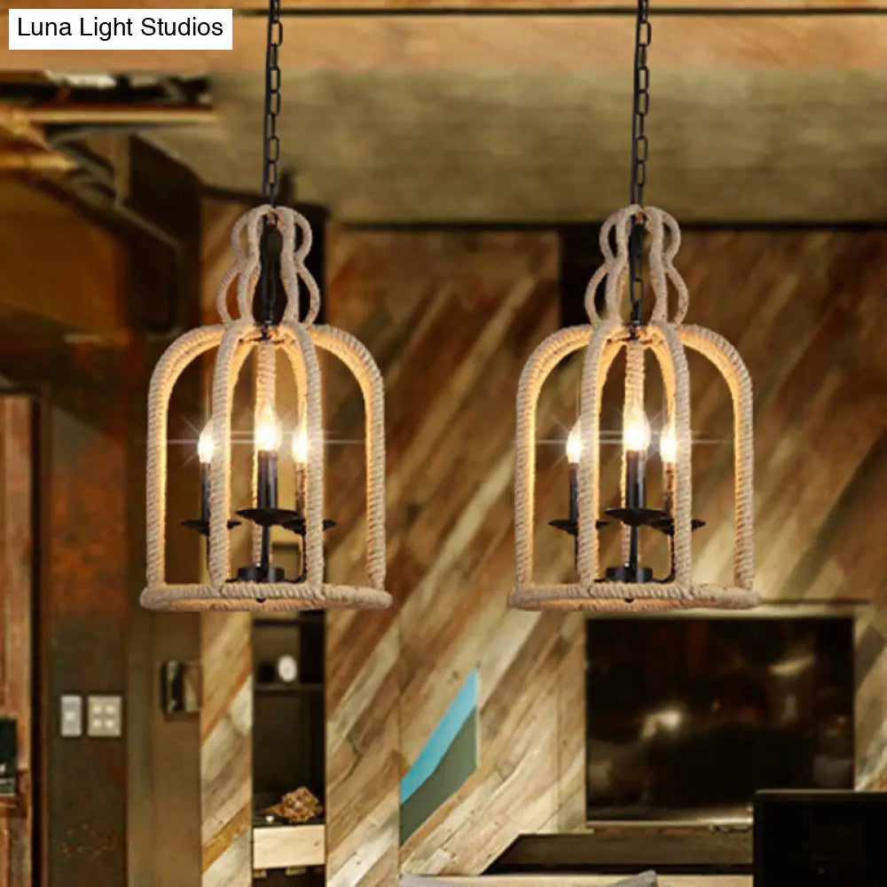 Industrial Rope Bird Cage Pendant Lamp - Beige, 3 Heads Chandelier Light for Coffee Shop Ceiling