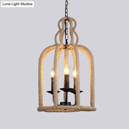 Industrial Rope Bird Cage Pendant Lamp - Beige, 3 Heads Chandelier Light for Coffee Shop Ceiling