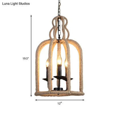 Industrial Rope Bird Cage Pendant Lamp - Beige, 3 Heads Chandelier Light for Coffee Shop Ceiling