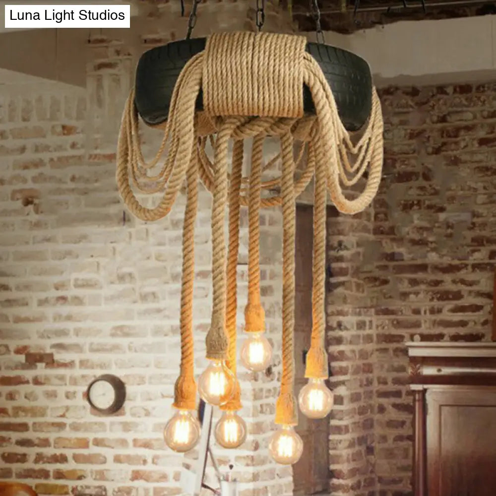 Industrial Rope Black Pendant Lamp - 6-Light Tyre Chandelier for Coffee Shop