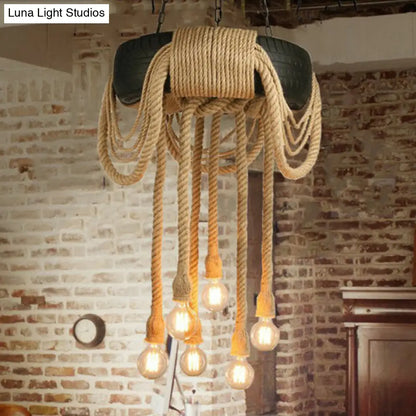 Industrial Rope Black Pendant Lamp - 6-Light Tyre Chandelier for Coffee Shop