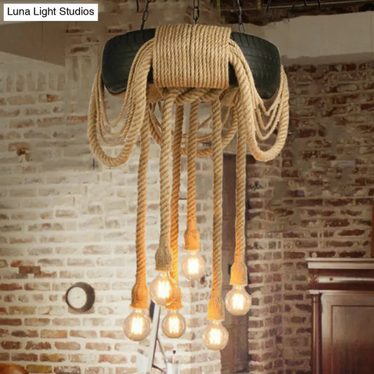 Industrial Rope Black Pendant Lamp - 6-Light Tyre Chandelier for Coffee Shop