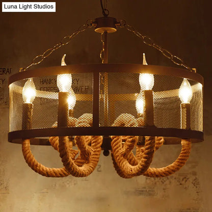 Industrial Rope Black Pendant Lamp Chandelier with 6 Candle Lights and Wire Mesh Fixture