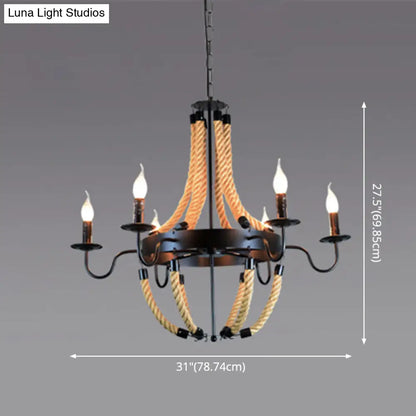 Industrial Rope Style Chandelier Pendant Lamp - Elegant Black Finish Candle Shape, Adjustable 39" Chain