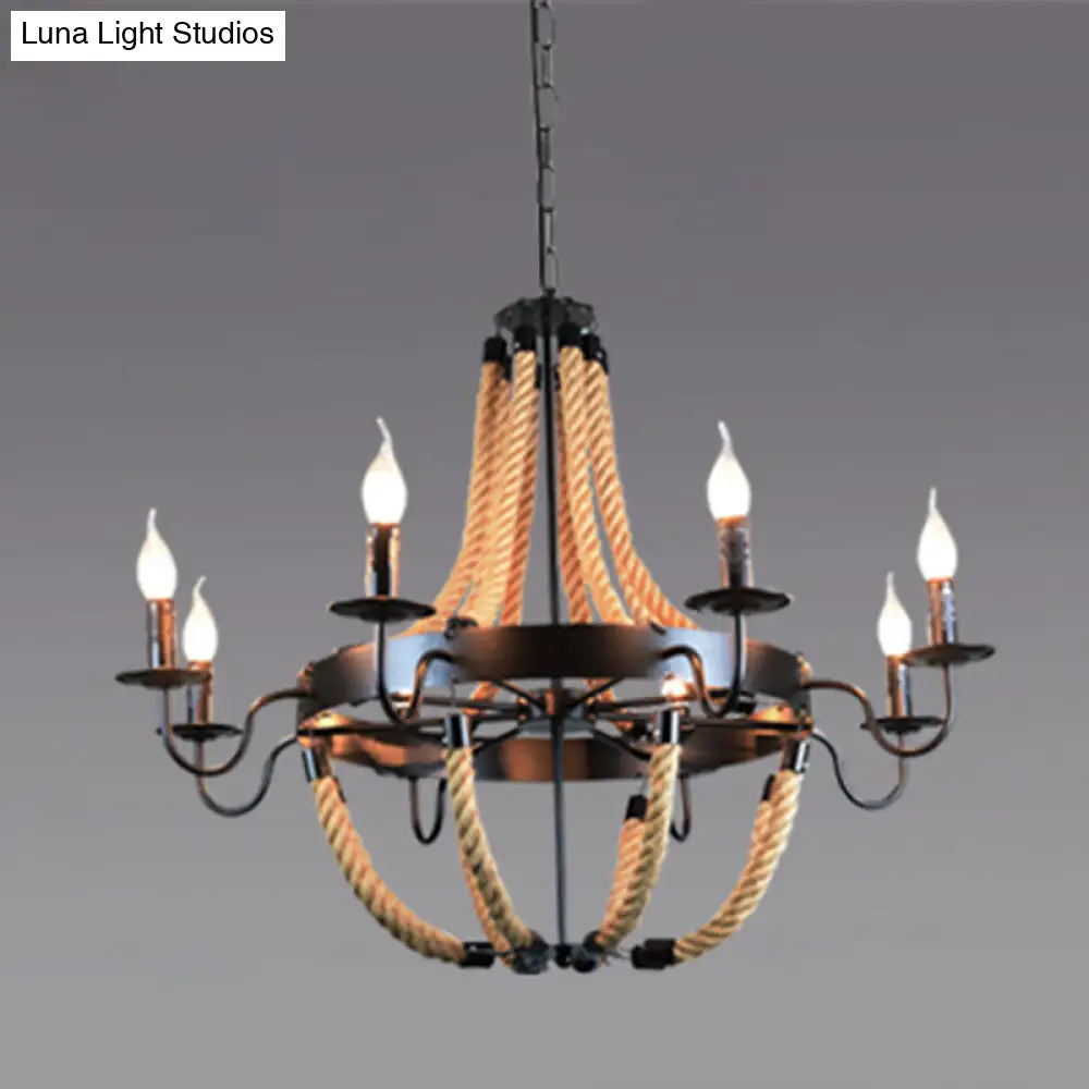 Industrial Rope Style Chandelier Pendant Lamp - Elegant Black Finish Candle Shape, Adjustable 39" Chain