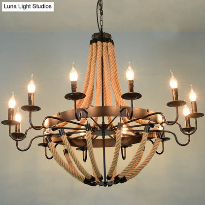 Industrial Rope Style Chandelier Pendant Lamp - Elegant Black Finish Candle Shape, Adjustable 39" Chain