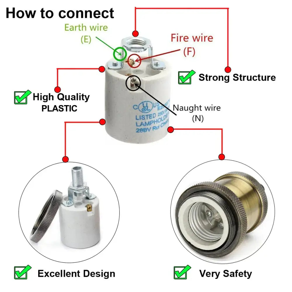 White plastic lamp holder with brass-colored threading and threaded base for secure decorbites industrial e27 screw connection
