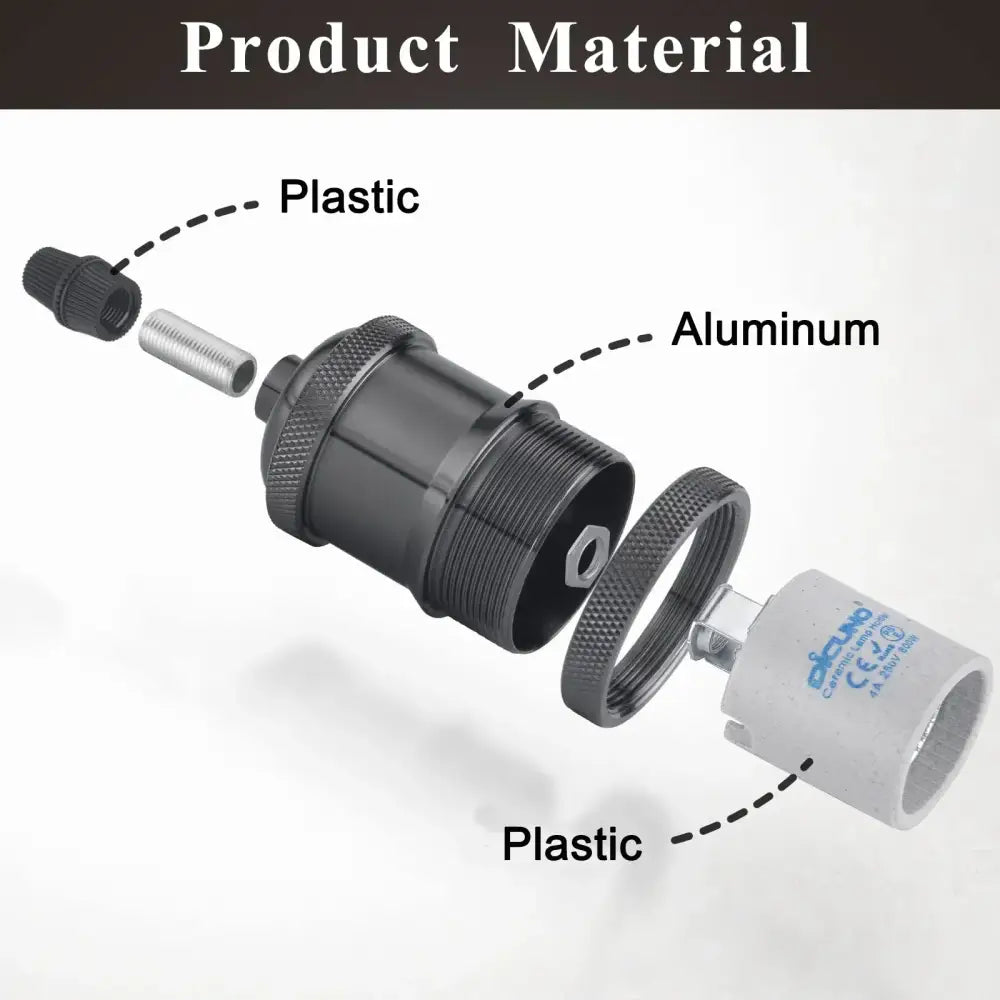 Black plastic and aluminum bicycle bottom bracket with threaded parts shown alongside decorbites industrial e27 lamp holder pack