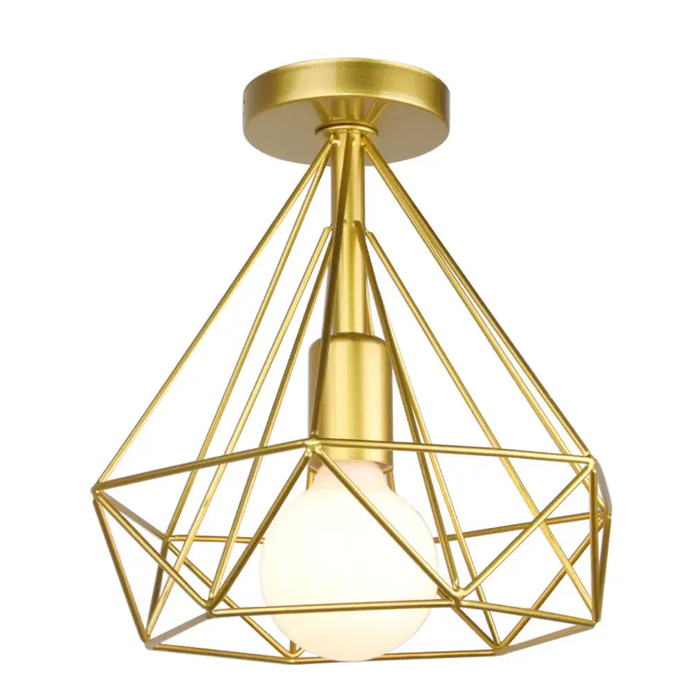 Gold-colored geometric wireframe industrial ceiling light with frosted bulb for living room decorbites industrial ceiling