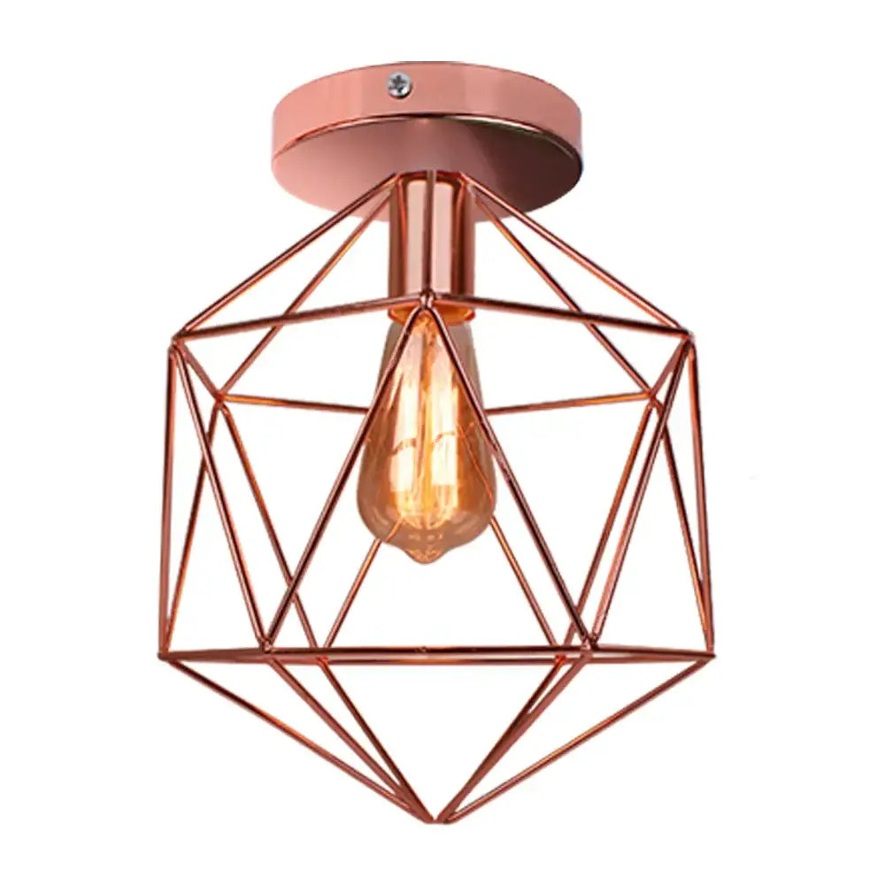 Copper geometric cage industrial ceiling light with exposed filament bulb in rose gold and brass for living room decorbites industrial ceiling light