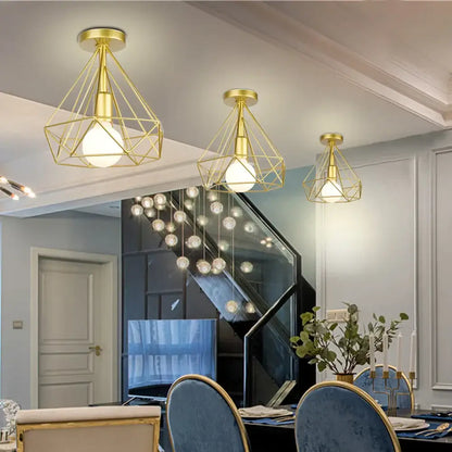 Gold geometric cage pendant ceiling light with exposed bulbs in industrial rose gold and brass for living room decorbites industrial ceiling