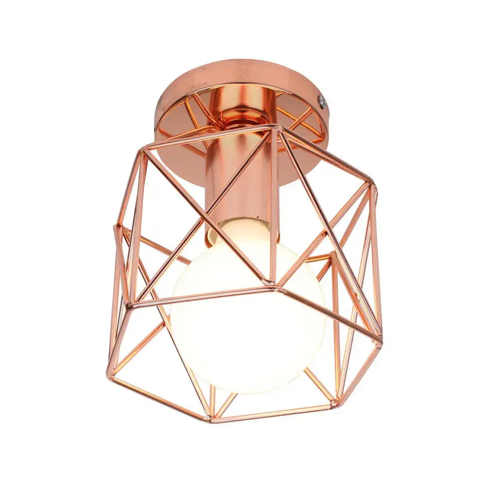 Industrial rose gold and brass ceiling light with geometric cage design and frosted glass bulb for living room decorbites industrial ceiling