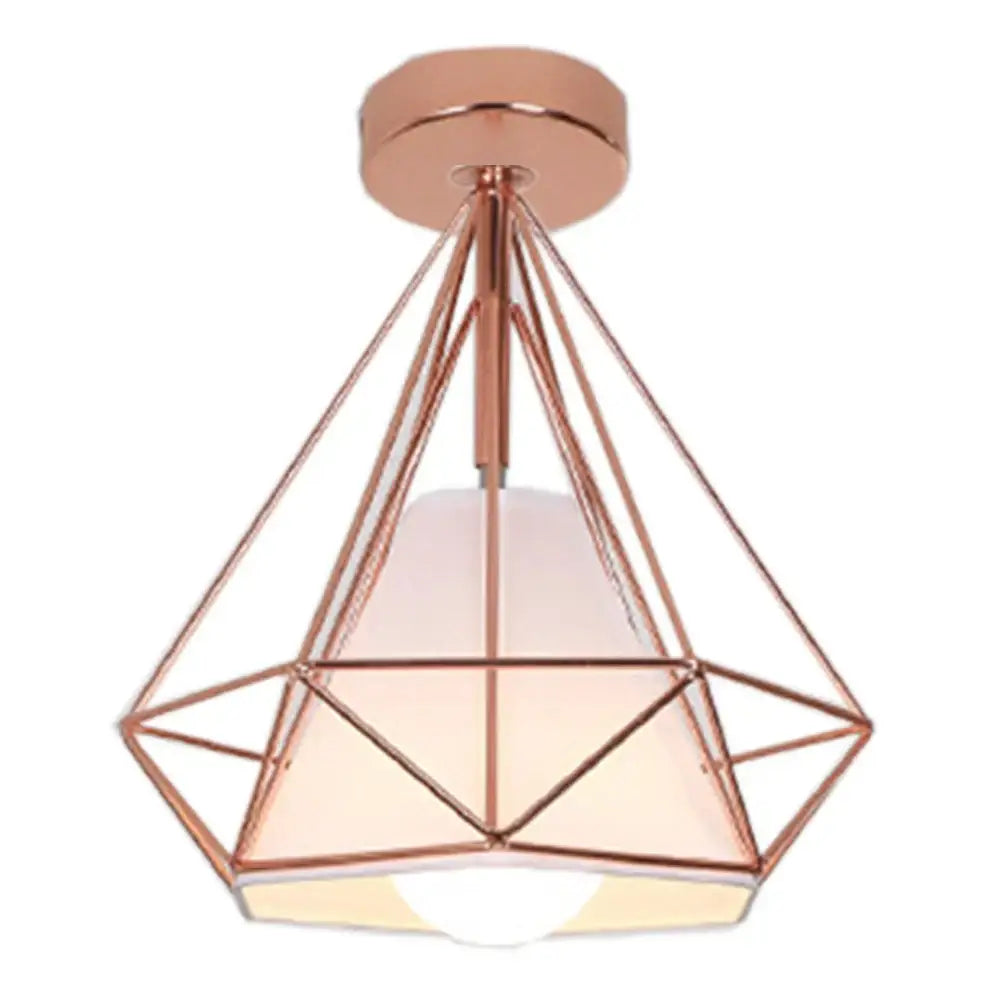 Rose gold and brass geometric industrial ceiling light with faceted frame and frosted glass shade for living room decorbites