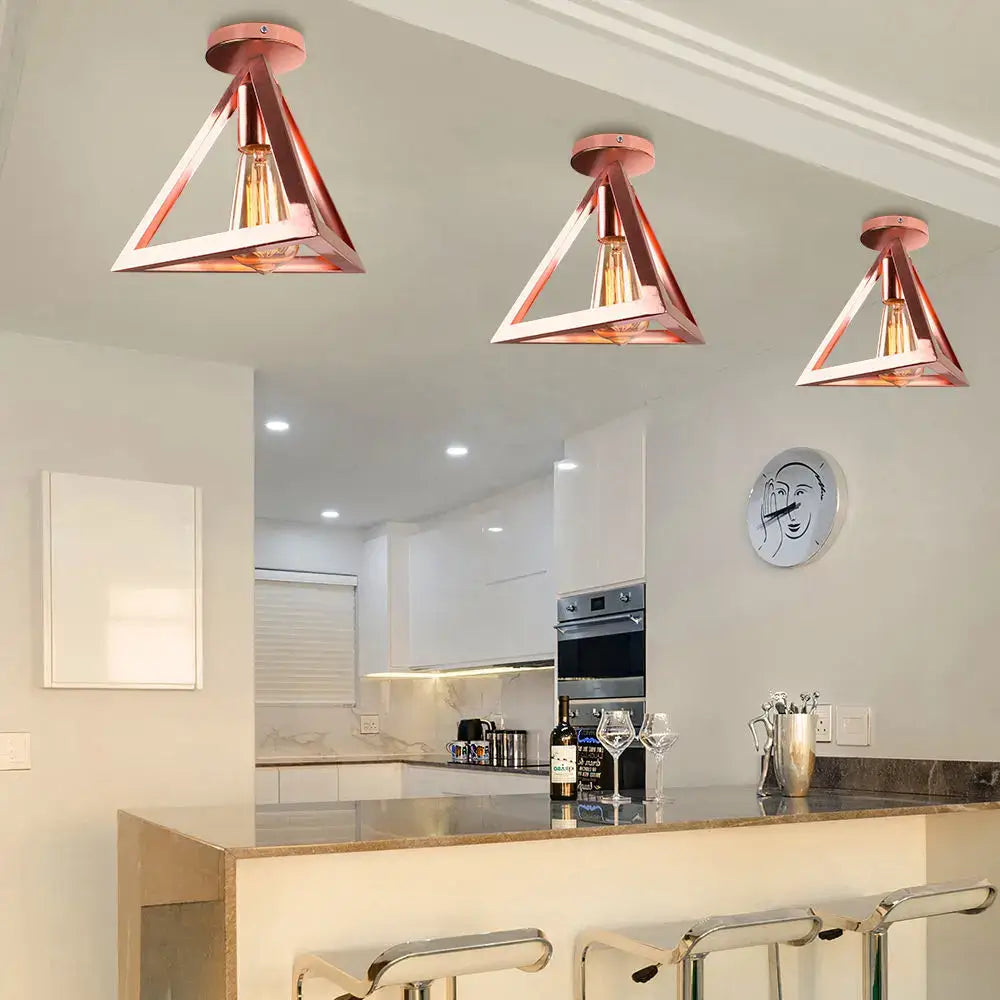 Three rose gold and brass triangular industrial ceiling light with exposed filament bulbs for living room decorbites industrial ceiling