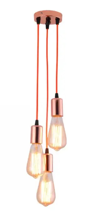 Copper-toned industrial rose gold and chrome led pendant lamp with three exposed Edison bulbs for dining room lighting