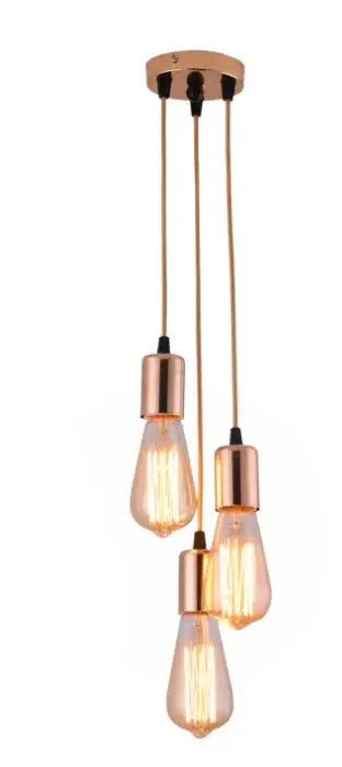 Copper-toned industrial rose gold and chrome led pendant lamp with three exposed Edison bulbs for dining room lighting
