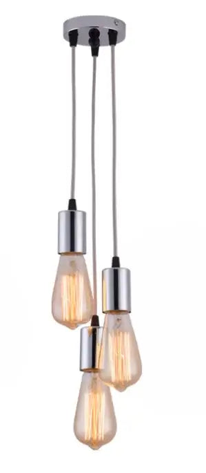Industrial rose gold and chrome led pendant lamp with three edison bulbs hanging from circular ceiling mount