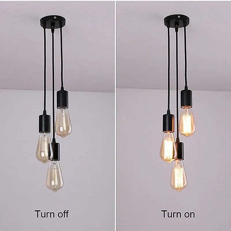 Black industrial-style pendant lamp with three exposed filament led bulbs hanging from a circular ceiling mount