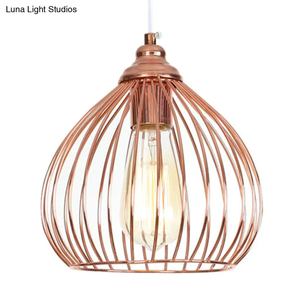 Industrial Rose Gold Gourd Pendant Light with Wire Guard - Single Hanging Ceiling Light