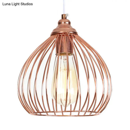 Industrial Rose Gold Gourd Pendant Light with Wire Guard - Single Hanging Ceiling Light