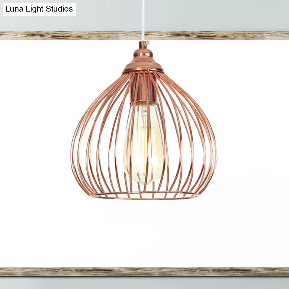 Industrial Rose Gold Gourd Pendant Light with Wire Guard - Single Hanging Ceiling Light