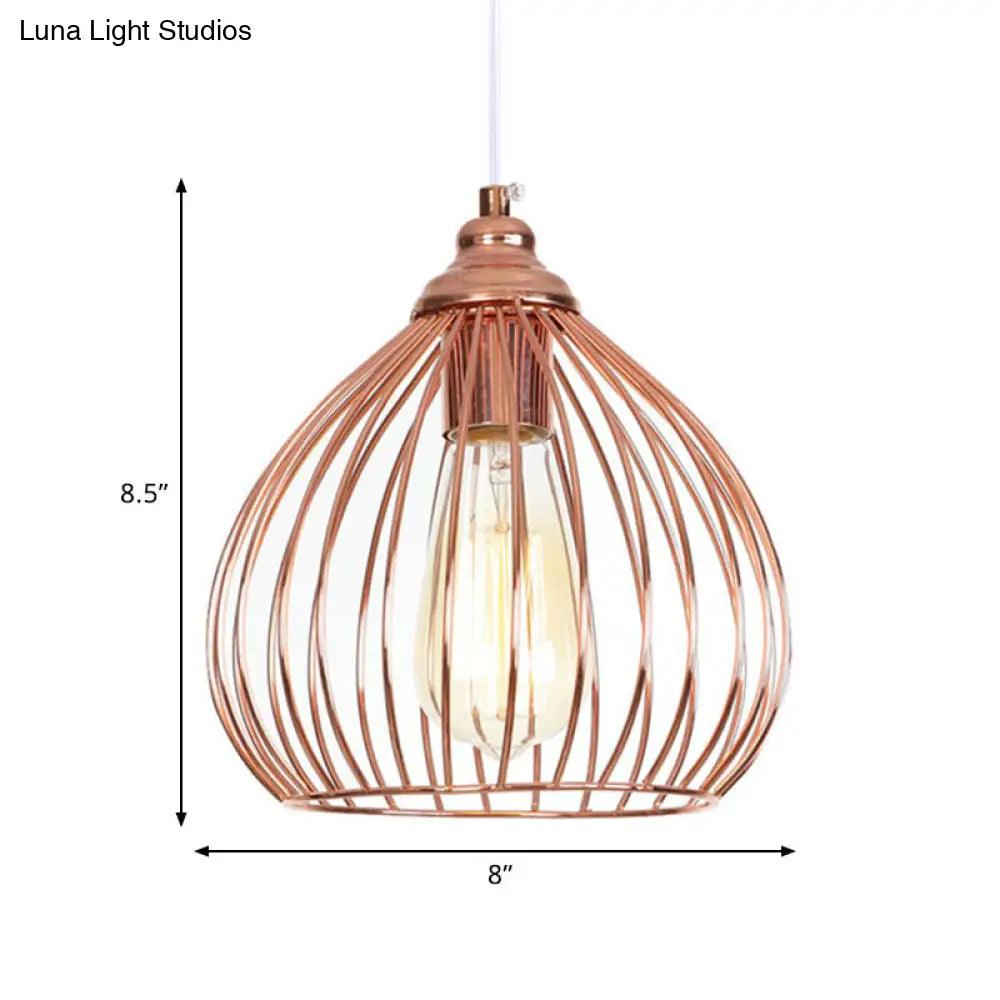 Industrial Rose Gold Gourd Pendant Light with Wire Guard - Single Hanging Ceiling Light