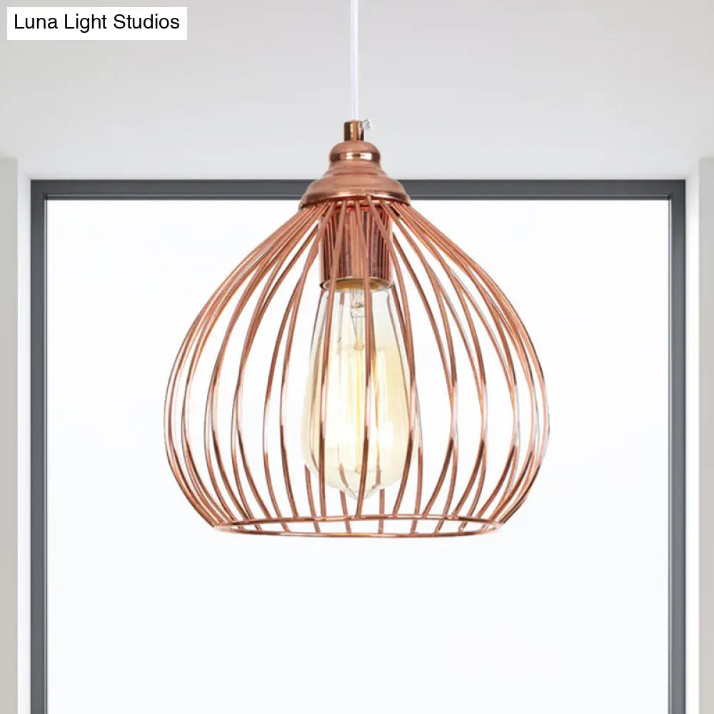 Industrial Rose Gold Gourd Pendant Light with Wire Guard - Single Hanging Ceiling Light