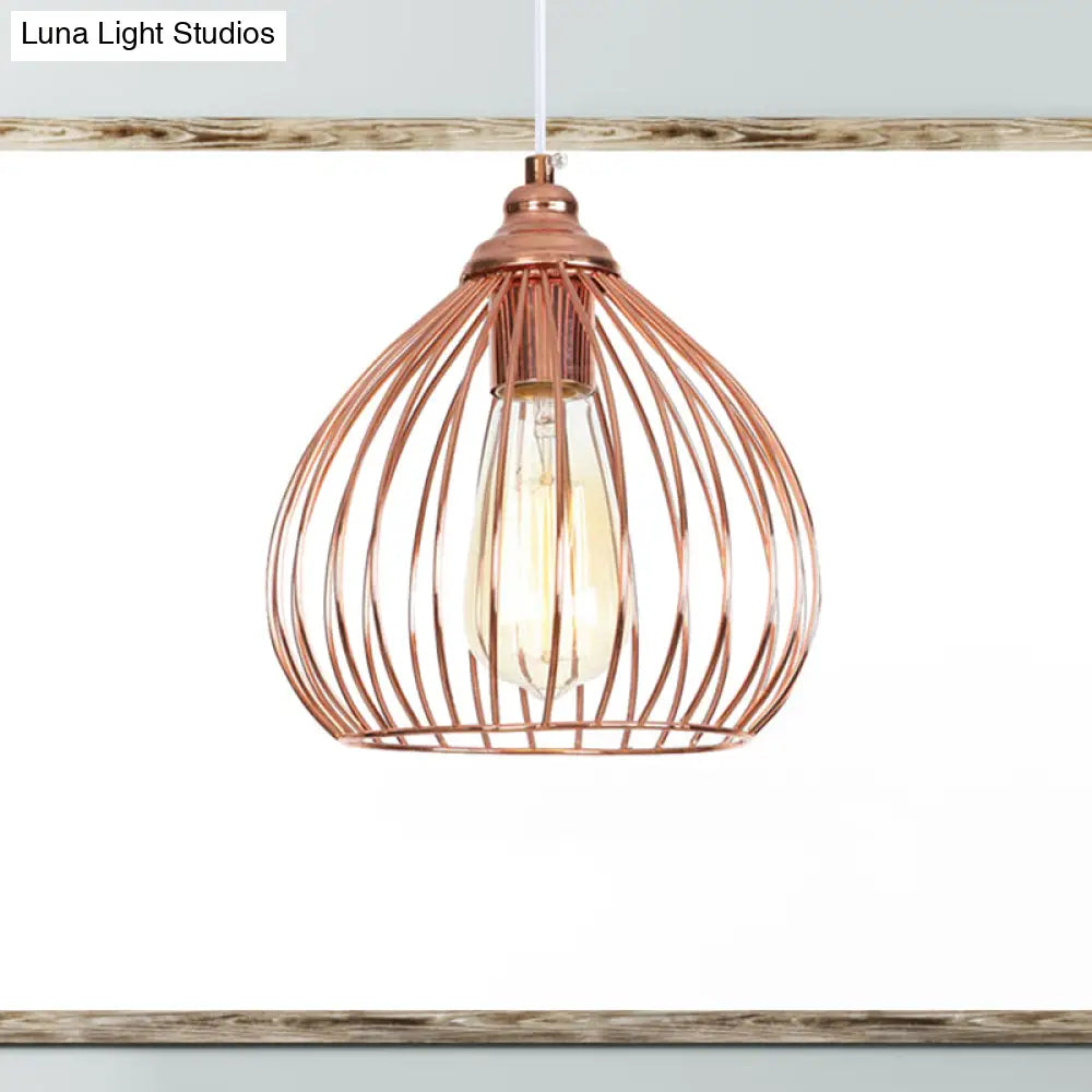 Industrial Rose Gold Gourd Pendant Light with Wire Guard - Single Hanging Ceiling Light