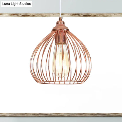 Industrial Rose Gold Gourd Pendant Light with Wire Guard - Single Hanging Ceiling Light