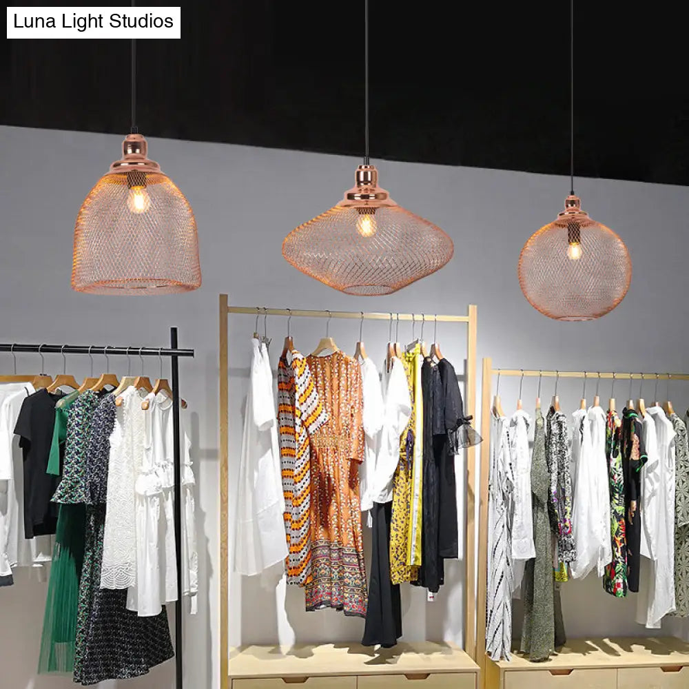 Industrial Rose Gold Pendant Lamp for Dining Room - Globe/Dome Cage Design with Down Lighting