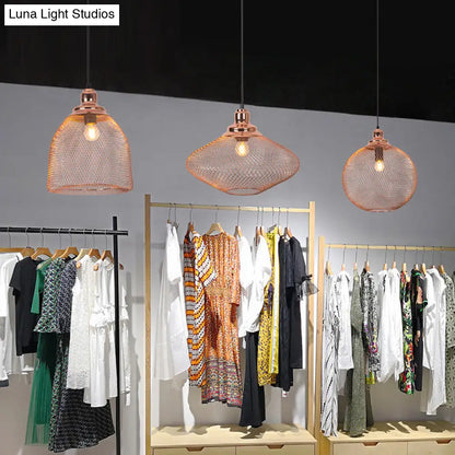 Industrial Rose Gold Pendant Lamp for Dining Room - Globe/Dome Cage Design with Down Lighting