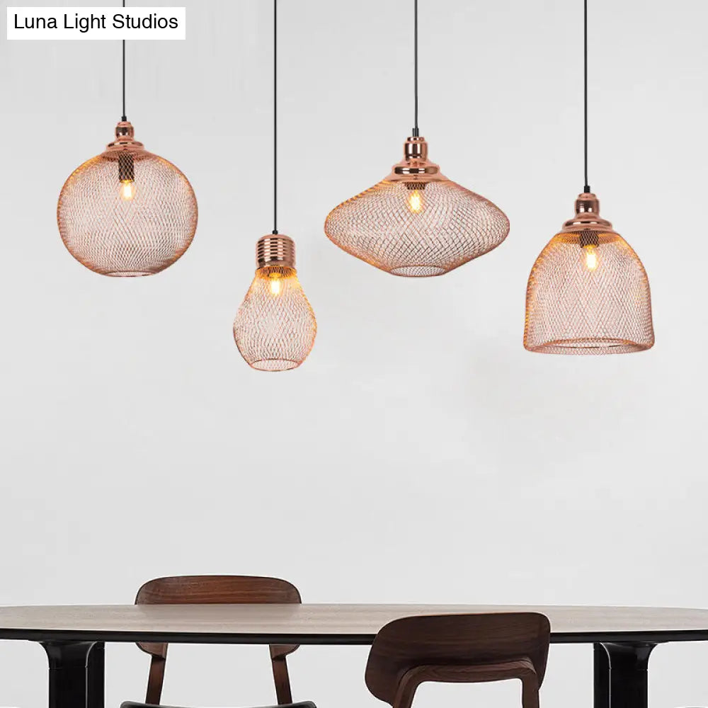 Industrial Rose Gold Pendant Lamp for Dining Room - Globe/Dome Cage Design with Down Lighting