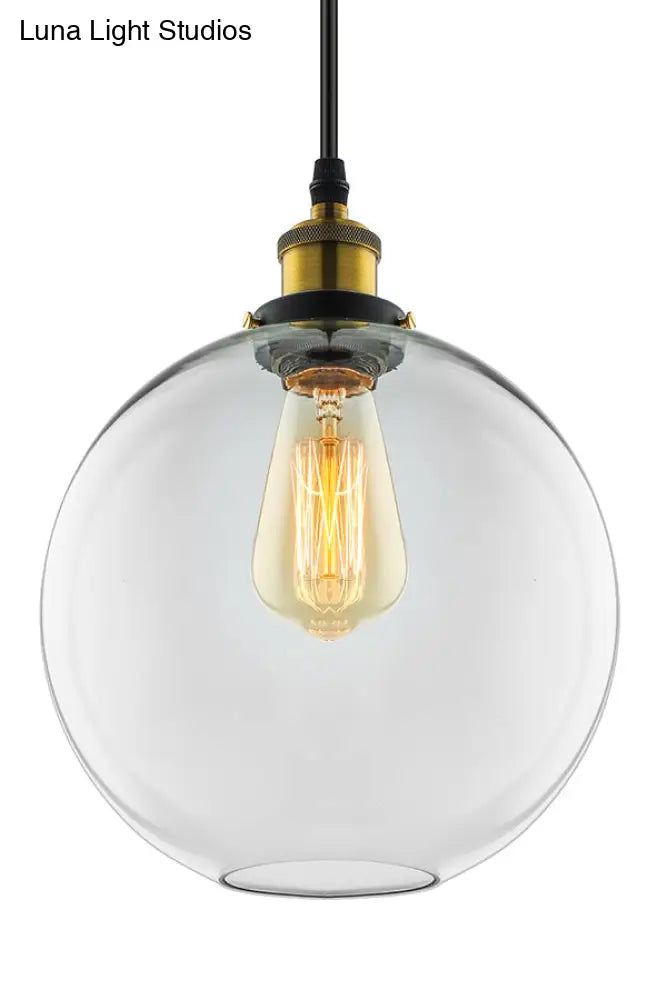 Industrial Round Pendant Light - 1 Light Clear Glass Hanging Lamp in Brass (8"/10"/12" Wide)