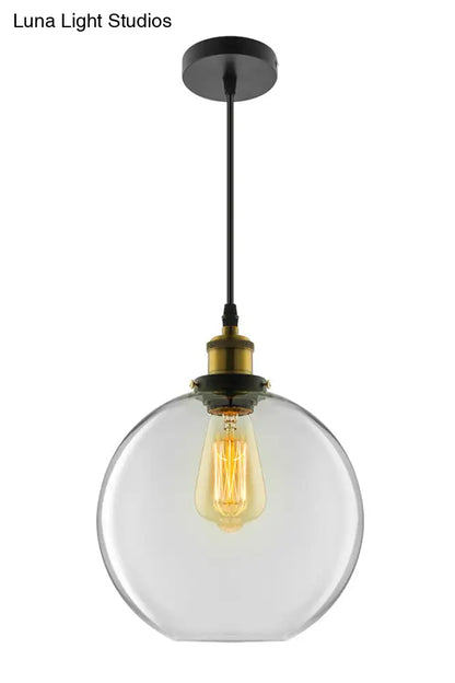 Industrial Round Pendant Light - 1 Light Clear Glass Hanging Lamp in Brass (8"/10"/12" Wide)