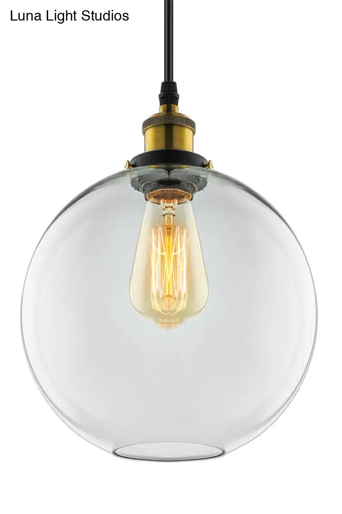 Industrial Round Pendant Light - 1 Light Clear Glass Hanging Lamp in Brass (8"/10"/12" Wide)