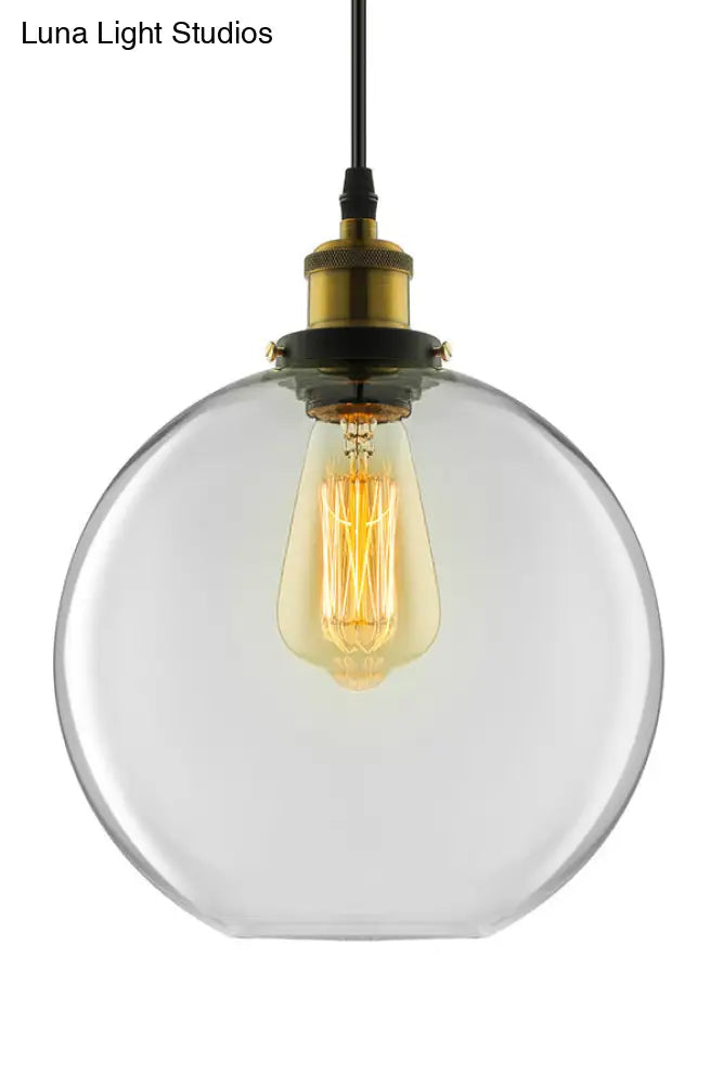 Industrial Round Pendant Light - 1 Light Clear Glass Hanging Lamp in Brass (8"/10"/12" Wide)