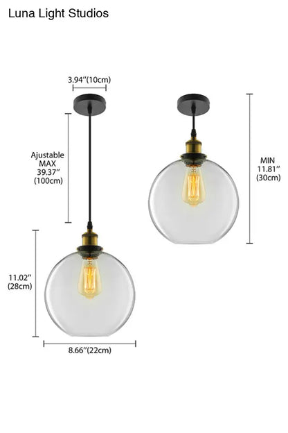 Industrial Round Pendant Light - 1 Light Clear Glass Hanging Lamp in Brass (8"/10"/12" Wide)