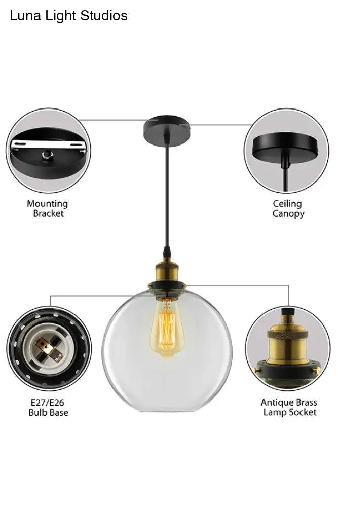 Industrial Round Pendant Light - 1 Light Clear Glass Hanging Lamp in Brass (8"/10"/12" Wide)