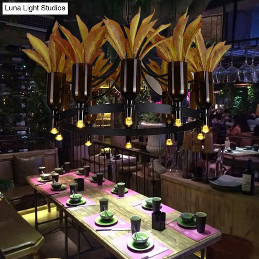 Industrial Round Pendant Light with Plant Decor and 10 Black Metal Lights