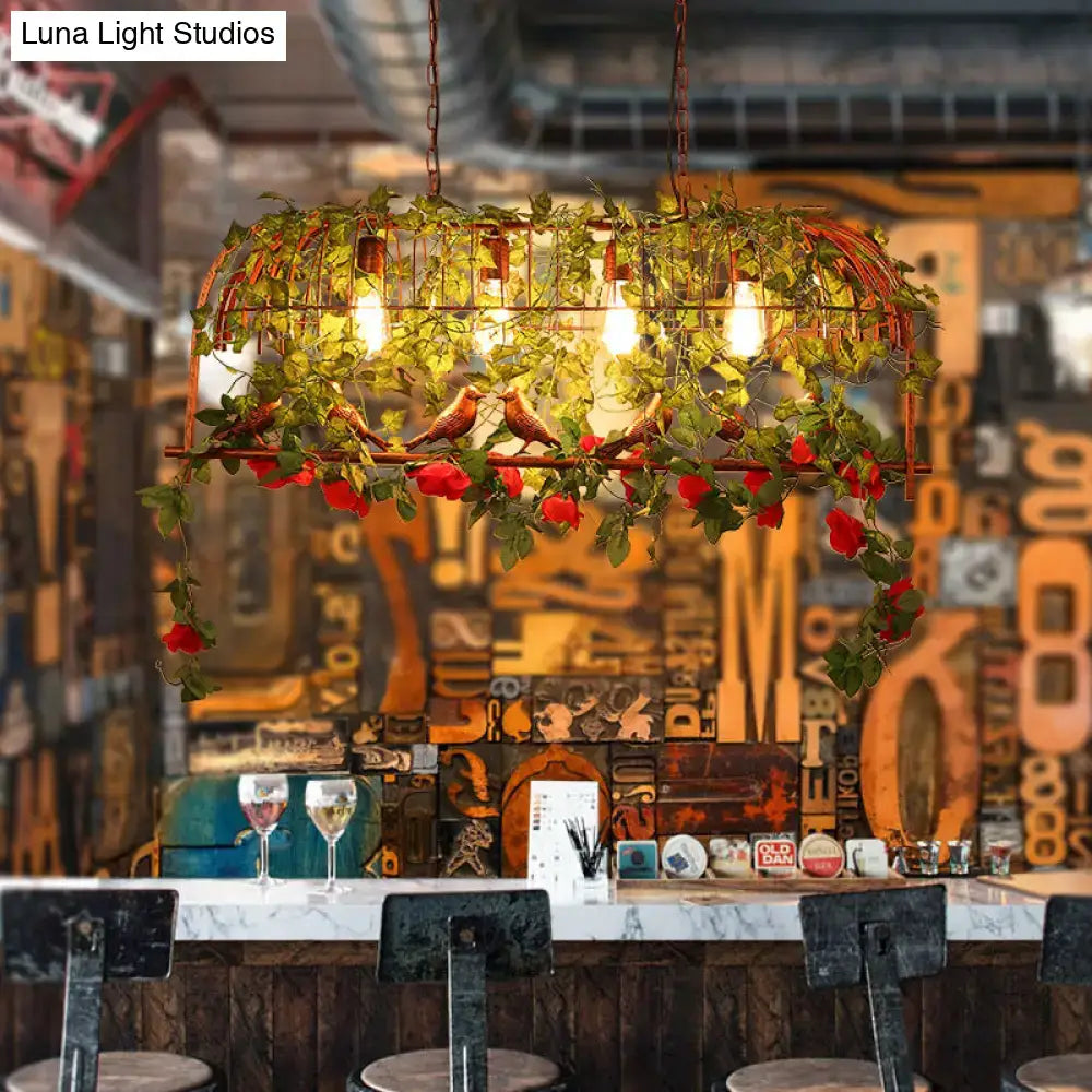 Decorbites™ industrial rust metal hanging lamp with 4 lights bird cage design adorned with green vines red roses and birds