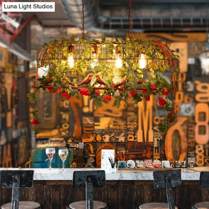 Decorbites™ industrial rust metal hanging lamp with 4 lights bird cage design adorned with green vines red roses and birds