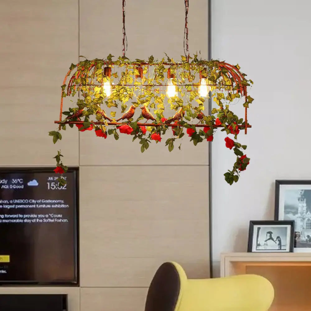 DecorBites™ Industrial Rust Metal Hanging Lamp: 4 Lights Bird Cage Island Light with Flower Design for Restaurants