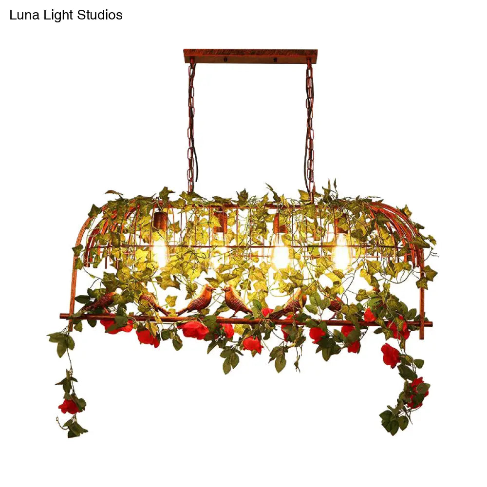 DecorBites™ Industrial Rust Metal Hanging Lamp: 4 Lights Bird Cage Island Light with Flower Design for Restaurants