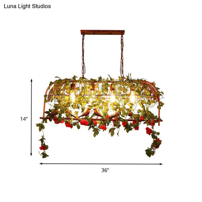 DecorBites™ Industrial Rust Metal Hanging Lamp: 4 Lights Bird Cage Island Light with Flower Design for Restaurants