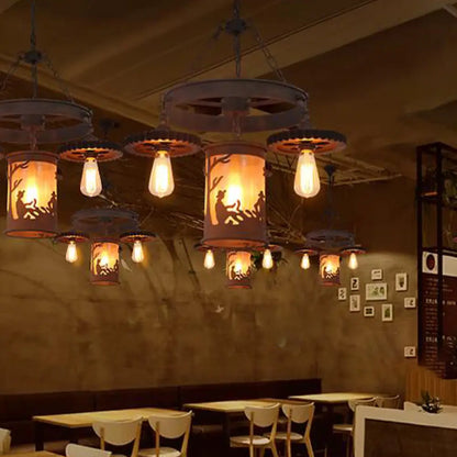 Industrial Rust Metallic Pendant Chandelier - Exposed Bulb Lighting Fixture (4-Lights)